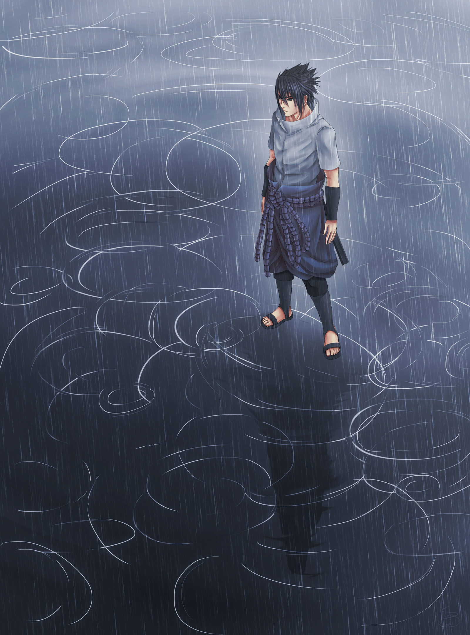 Саске Учиха под дождём арт